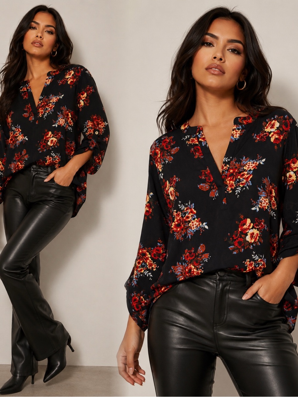 Daniel Rainn Black Floral Split-Neck Blouse